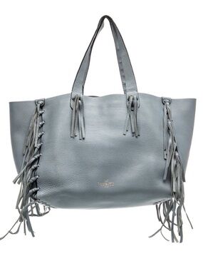 Valentino Light Blue Gray Grained Calf Leather Fringe C-Rockee Bag Tote